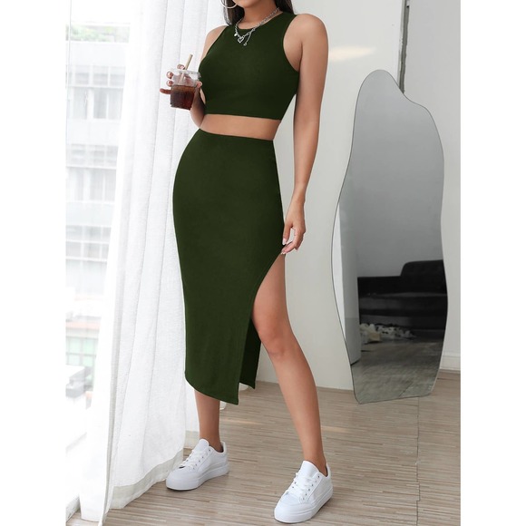2 piece set: Tank crop Top & Split Thigh midi Skirt set black - Picture 6 of 7
